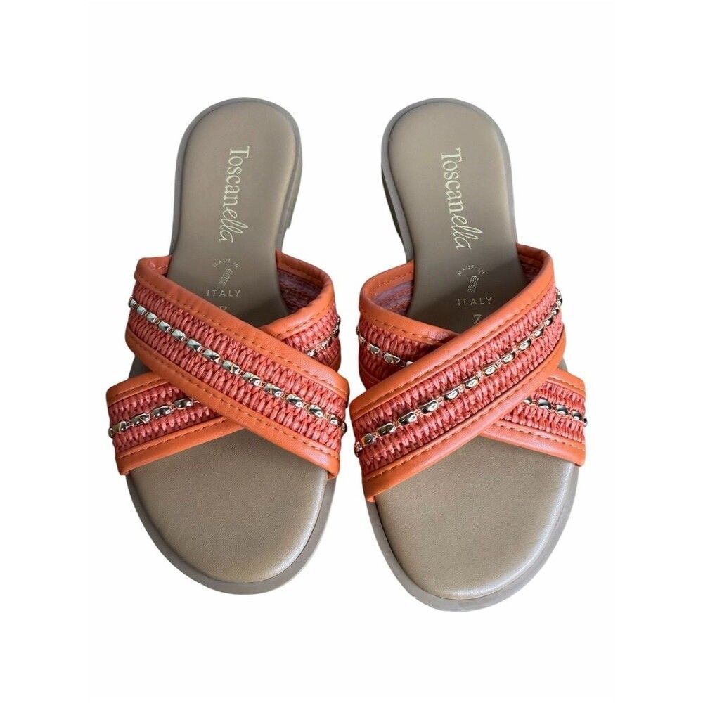 Toscanella Beaded Cross-Strap Sandals size 7M Orange Leather Flat Italy Shoes